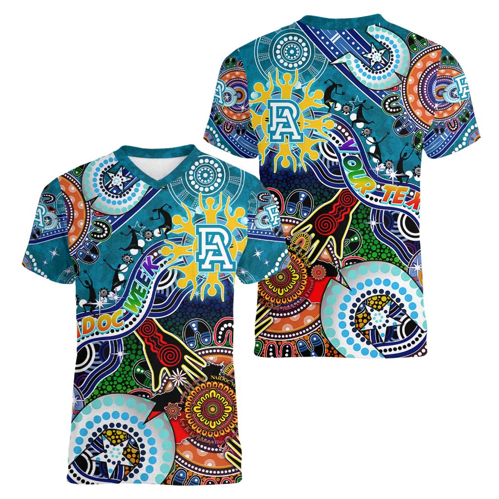 Custom NAIDOC Week 2024 Port Adelaide Power Women V-Neck T-Shirt Australia Aboriginal Dot Painting