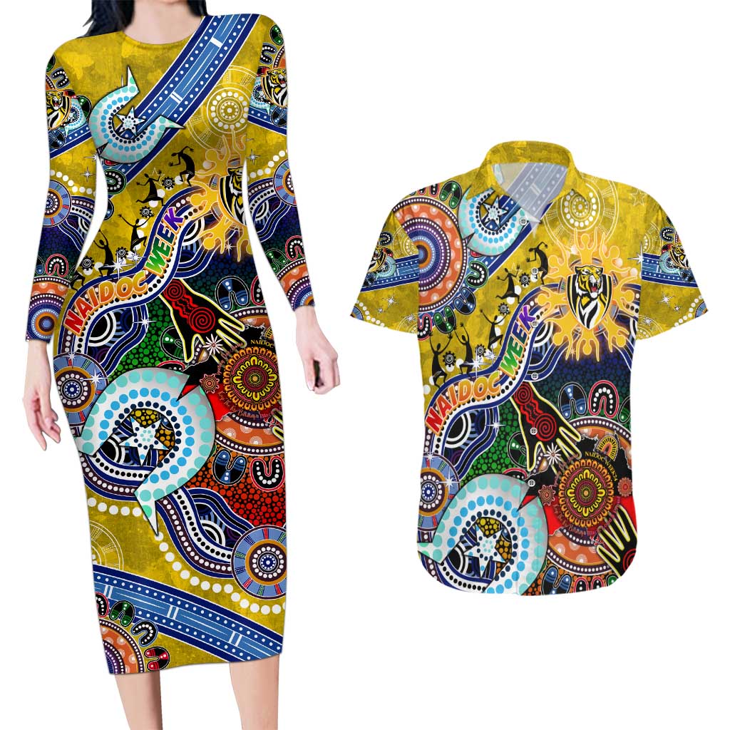 Custom NAIDOC Week 2024 Richmond Tiger Couples Matching Long Sleeve Bodycon Dress and Hawaiian Shirt Australia Aboriginal Dot Painting