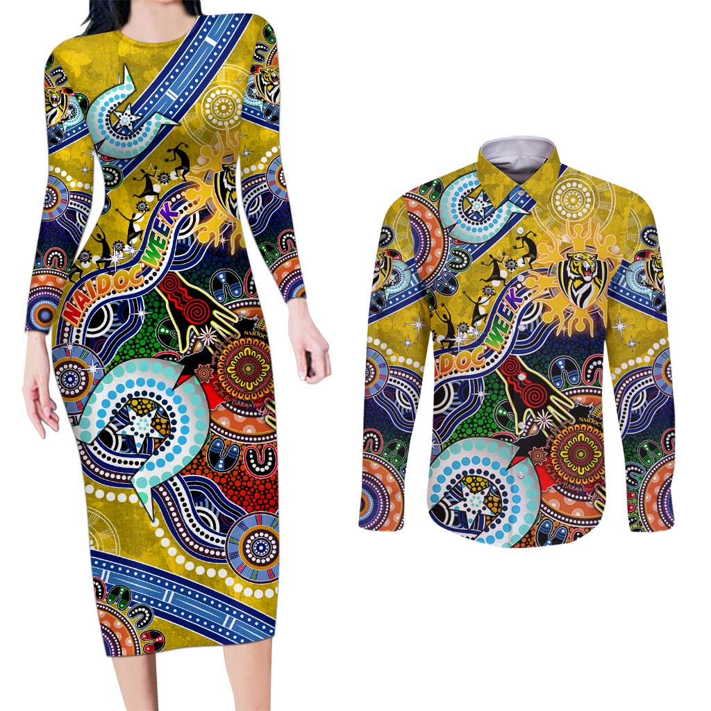 Custom NAIDOC Week 2024 Richmond Tiger Couples Matching Long Sleeve Bodycon Dress and Long Sleeve Button Shirt Australia Aboriginal Dot Painting