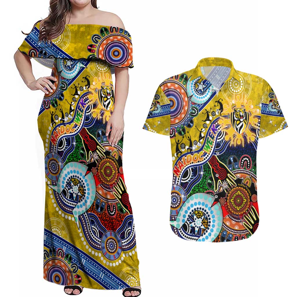 Custom NAIDOC Week 2024 Richmond Tiger Couples Matching Off Shoulder Maxi Dress and Hawaiian Shirt Australia Aboriginal Dot Painting