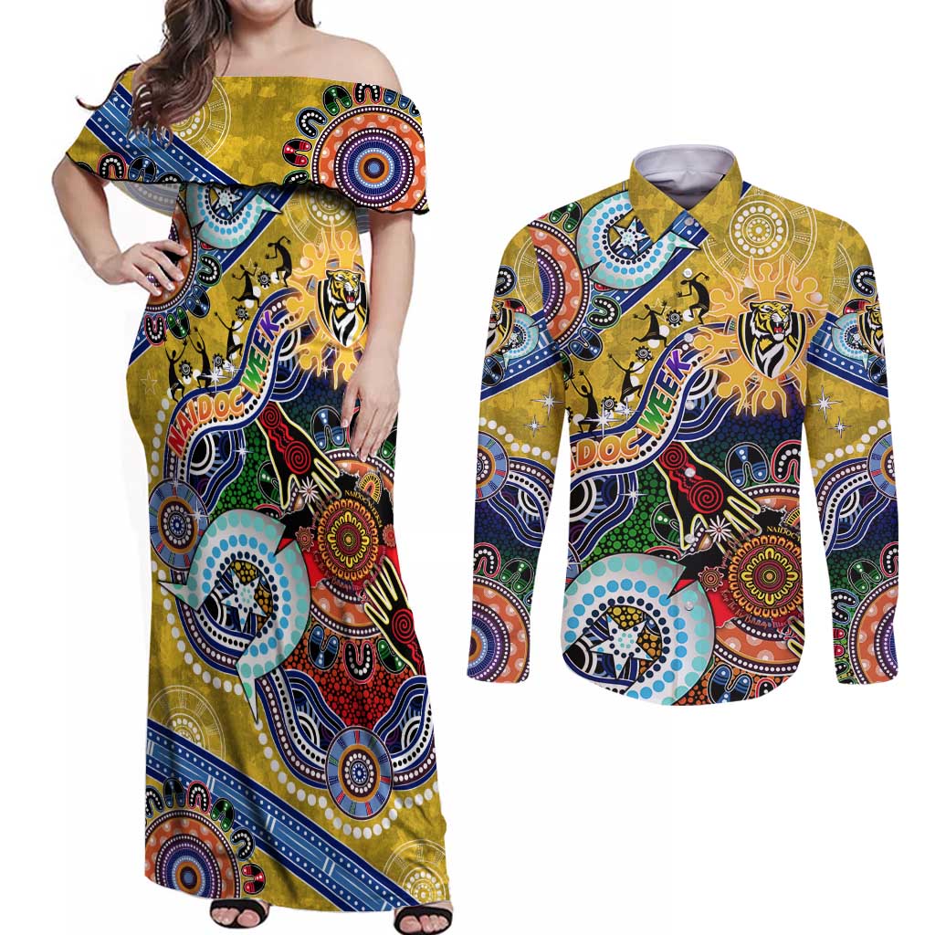 Custom NAIDOC Week 2024 Richmond Tiger Couples Matching Off Shoulder Maxi Dress and Long Sleeve Button Shirt Australia Aboriginal Dot Painting