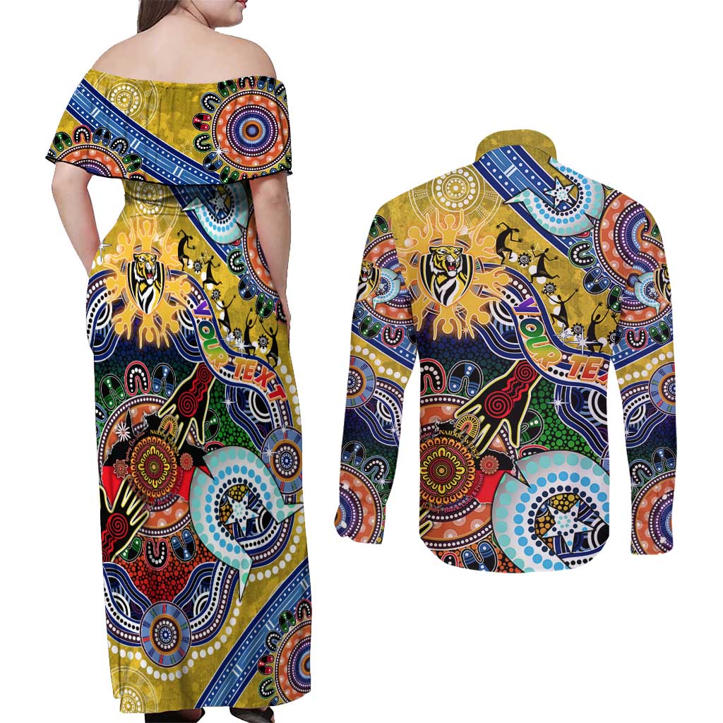 Custom NAIDOC Week 2024 Richmond Tiger Couples Matching Off Shoulder Maxi Dress and Long Sleeve Button Shirt Australia Aboriginal Dot Painting