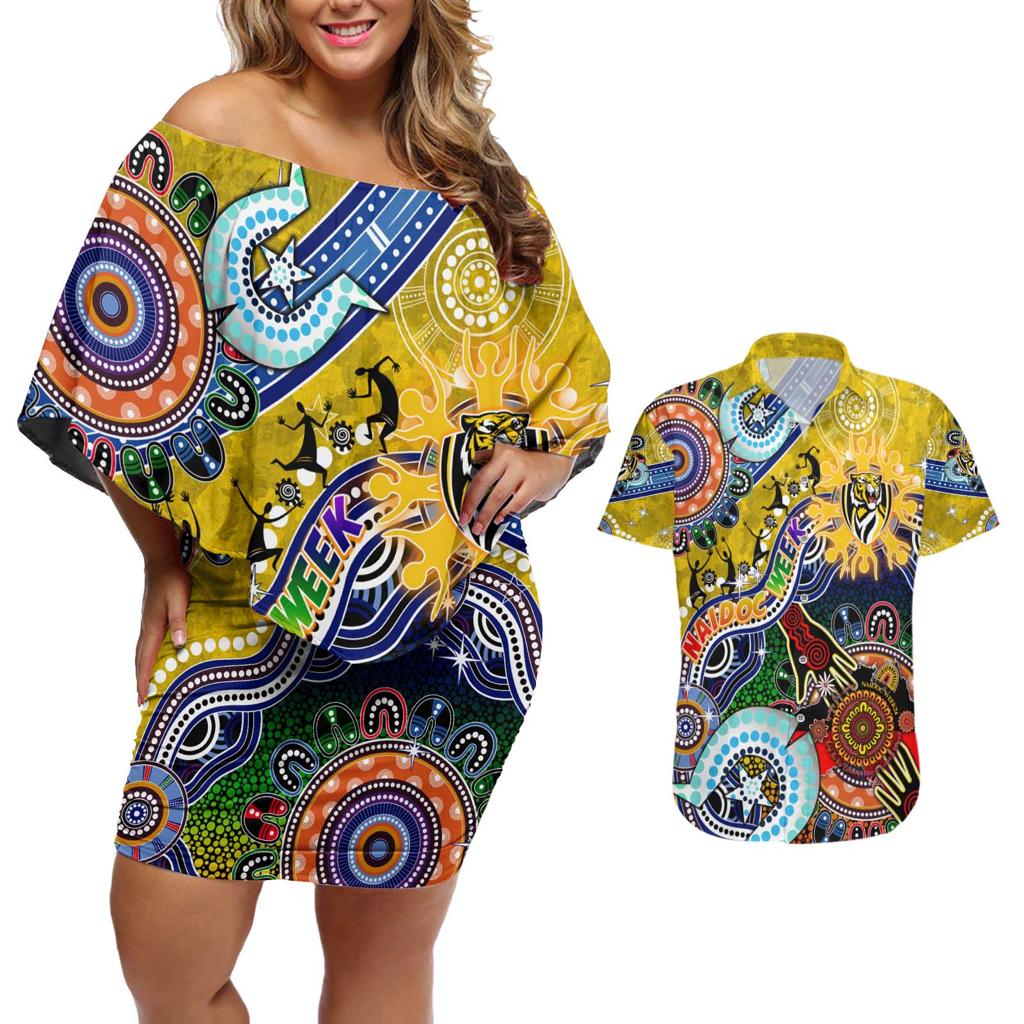 Custom NAIDOC Week 2024 Richmond Tiger Couples Matching Off Shoulder Short Dress and Hawaiian Shirt Australia Aboriginal Dot Painting
