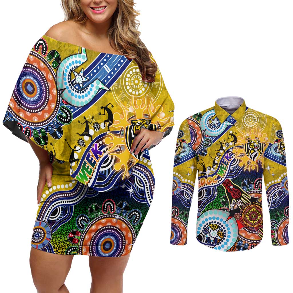 Custom NAIDOC Week 2024 Richmond Tiger Couples Matching Off Shoulder Short Dress and Long Sleeve Button Shirt Australia Aboriginal Dot Painting