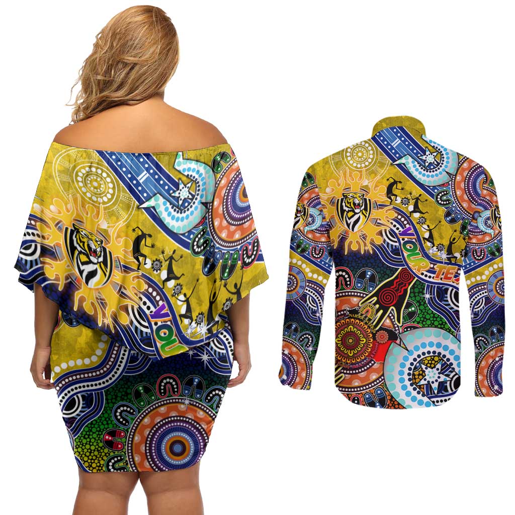 Custom NAIDOC Week 2024 Richmond Tiger Couples Matching Off Shoulder Short Dress and Long Sleeve Button Shirt Australia Aboriginal Dot Painting