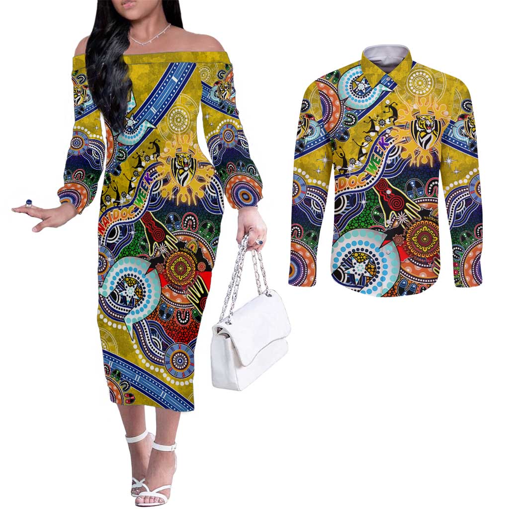 Custom NAIDOC Week 2024 Richmond Tiger Couples Matching Off The Shoulder Long Sleeve Dress and Long Sleeve Button Shirt Australia Aboriginal Dot Painting