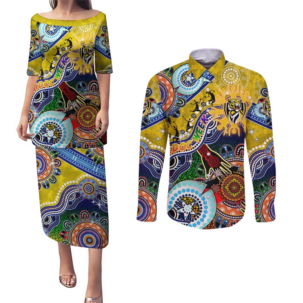 Custom NAIDOC Week 2024 Richmond Tiger Couples Matching Puletasi and Long Sleeve Button Shirt Australia Aboriginal Dot Painting