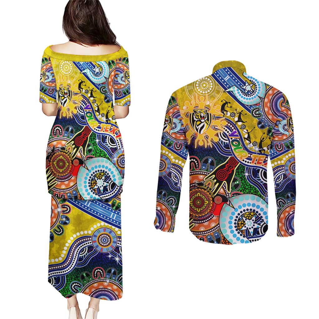Custom NAIDOC Week 2024 Richmond Tiger Couples Matching Puletasi and Long Sleeve Button Shirt Australia Aboriginal Dot Painting