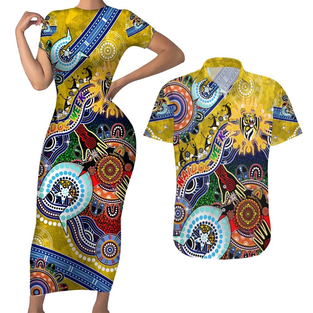 Custom NAIDOC Week 2024 Richmond Tiger Couples Matching Short Sleeve Bodycon Dress and Hawaiian Shirt Australia Aboriginal Dot Painting