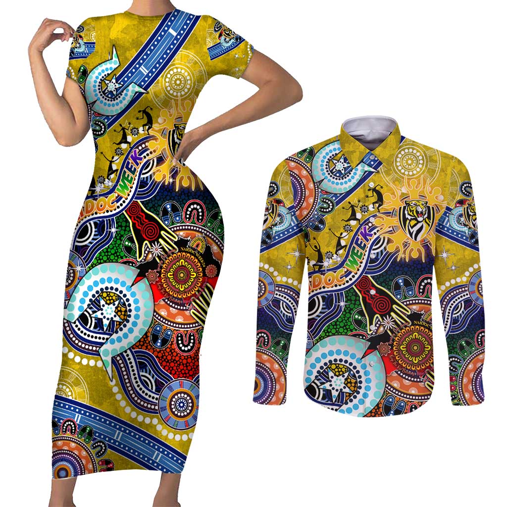 Custom NAIDOC Week 2024 Richmond Tiger Couples Matching Short Sleeve Bodycon Dress and Long Sleeve Button Shirt Australia Aboriginal Dot Painting
