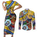 Custom NAIDOC Week 2024 Richmond Tiger Couples Matching Short Sleeve Bodycon Dress and Long Sleeve Button Shirt Australia Aboriginal Dot Painting