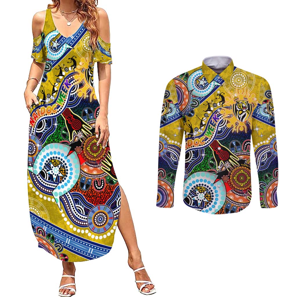 Custom NAIDOC Week 2024 Richmond Tiger Couples Matching Summer Maxi Dress and Long Sleeve Button Shirt Australia Aboriginal Dot Painting