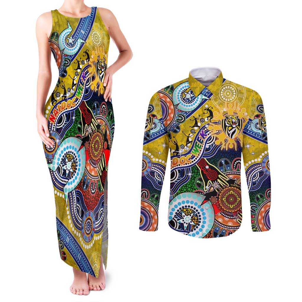 Custom NAIDOC Week 2024 Richmond Tiger Couples Matching Tank Maxi Dress and Long Sleeve Button Shirt Australia Aboriginal Dot Painting