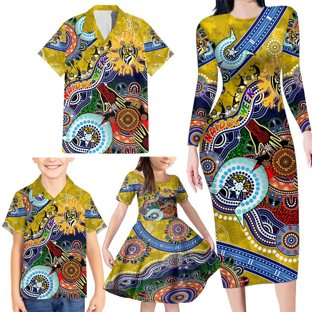 Custom NAIDOC Week 2024 Richmond Tiger Family Matching Long Sleeve Bodycon Dress and Hawaiian Shirt Australia Aboriginal Dot Painting