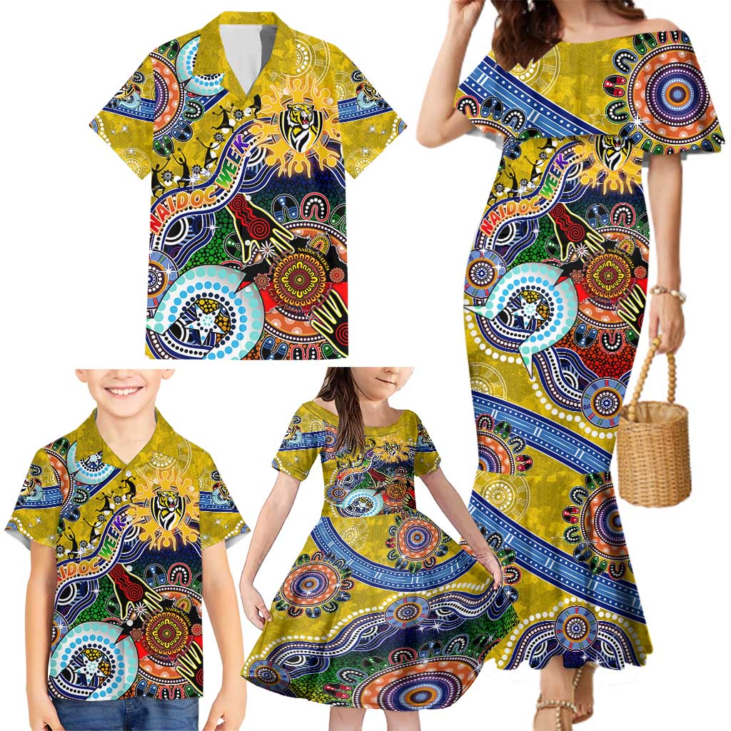 Custom NAIDOC Week 2024 Richmond Tiger Family Matching Mermaid Dress and Hawaiian Shirt Australia Aboriginal Dot Painting