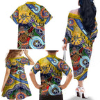 Custom NAIDOC Week 2024 Richmond Tiger Family Matching Off The Shoulder Long Sleeve Dress and Hawaiian Shirt Australia Aboriginal Dot Painting