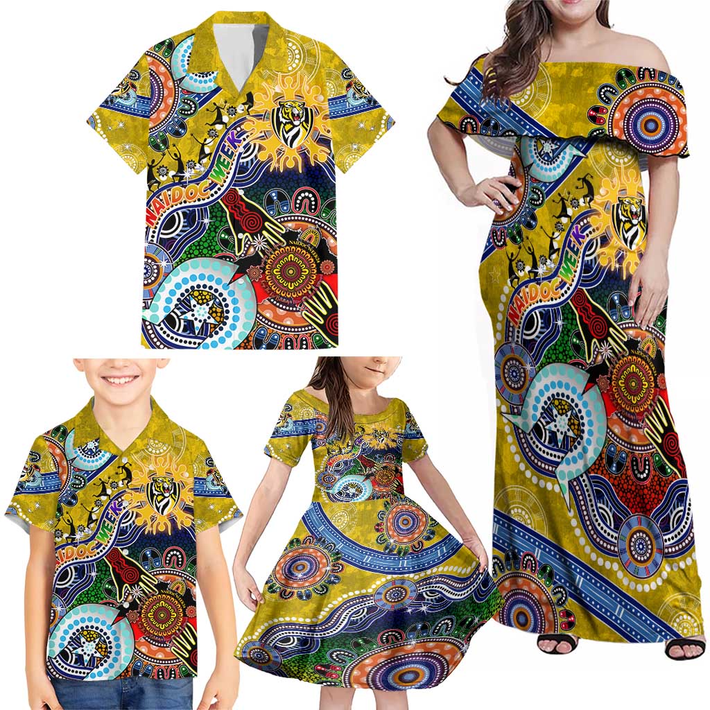 Custom NAIDOC Week 2024 Richmond Tiger Family Matching Off Shoulder Maxi Dress and Hawaiian Shirt Australia Aboriginal Dot Painting