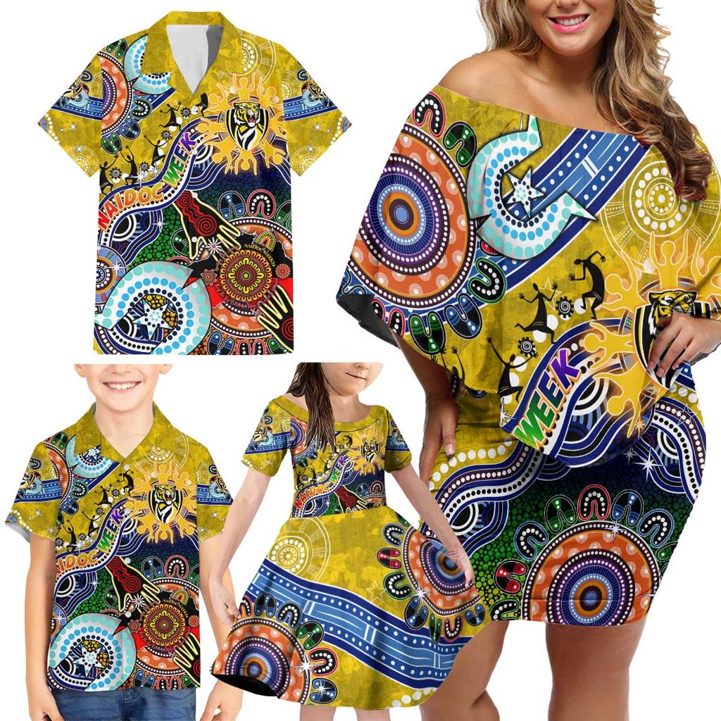 Custom NAIDOC Week 2024 Richmond Tiger Family Matching Off Shoulder Short Dress and Hawaiian Shirt Australia Aboriginal Dot Painting