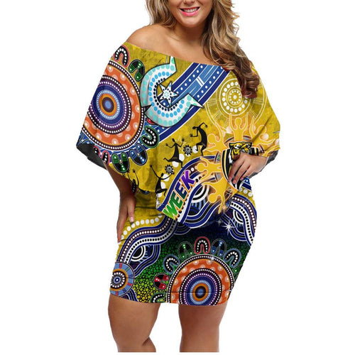 Custom NAIDOC Week 2024 Richmond Tiger Family Matching Off Shoulder Short Dress and Hawaiian Shirt Australia Aboriginal Dot Painting