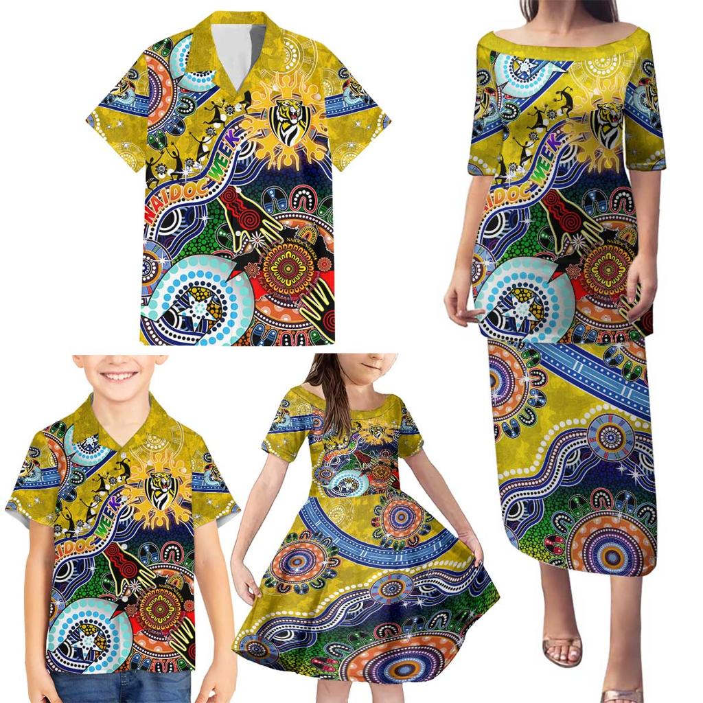 Custom NAIDOC Week 2024 Richmond Tiger Family Matching Puletasi and Hawaiian Shirt Australia Aboriginal Dot Painting