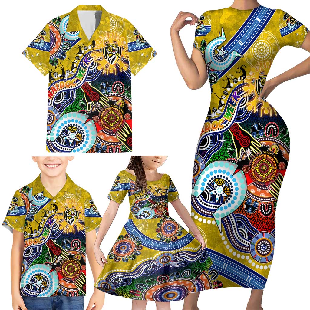Custom NAIDOC Week 2024 Richmond Tiger Family Matching Short Sleeve Bodycon Dress and Hawaiian Shirt Australia Aboriginal Dot Painting