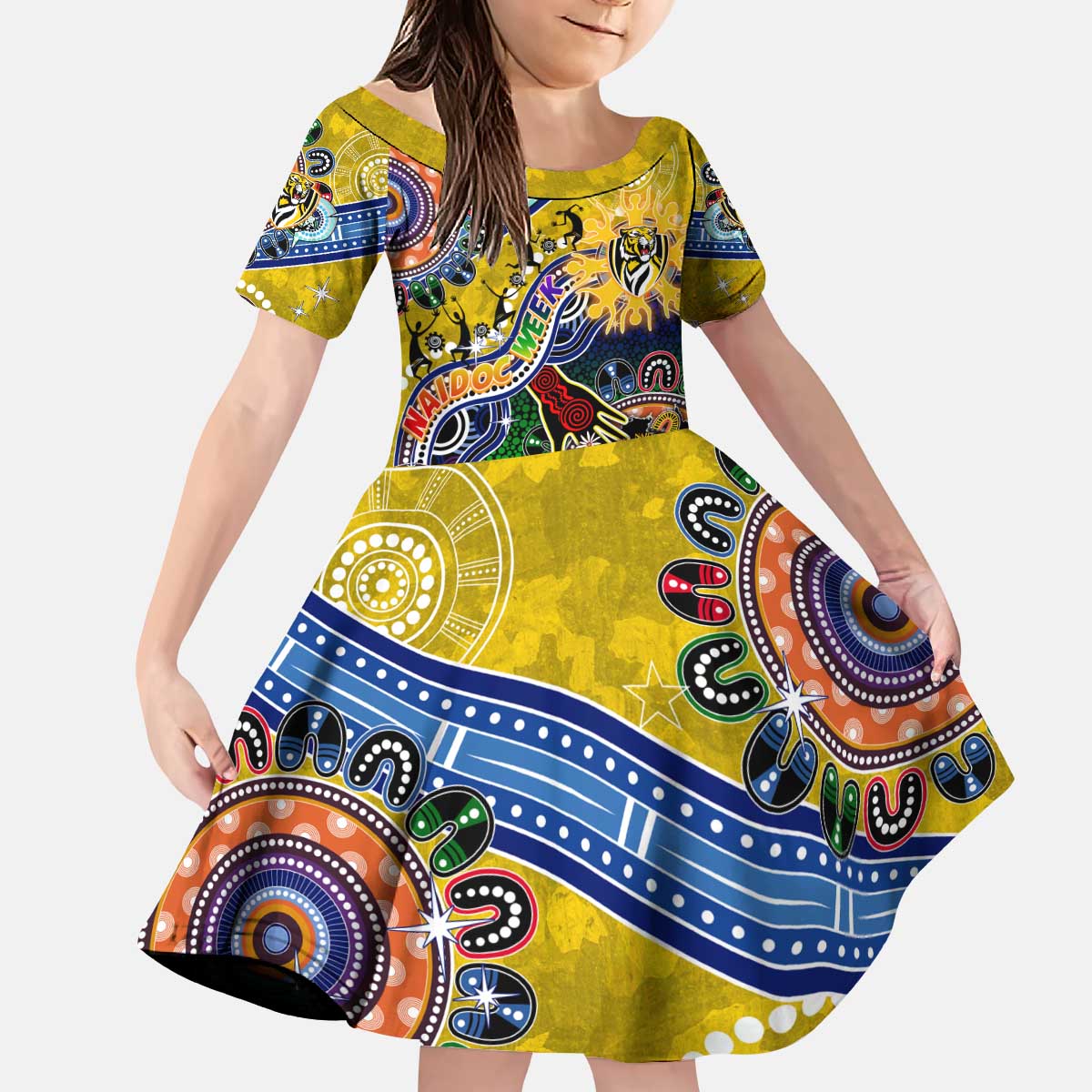 Custom NAIDOC Week 2024 Richmond Tiger Kid Short Sleeve Dress Australia Aboriginal Dot Painting
