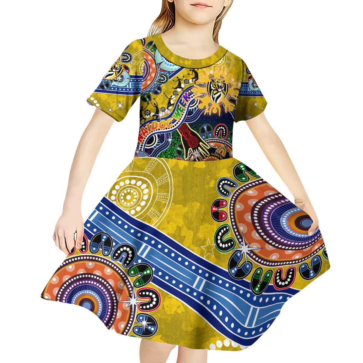 Custom NAIDOC Week 2024 Richmond Tiger Kid Short Sleeve Dress Australia Aboriginal Dot Painting
