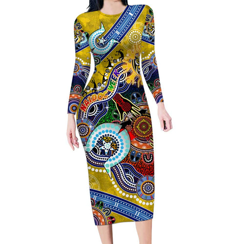 Custom NAIDOC Week 2024 Richmond Tiger Long Sleeve Bodycon Dress Australia Aboriginal Dot Painting