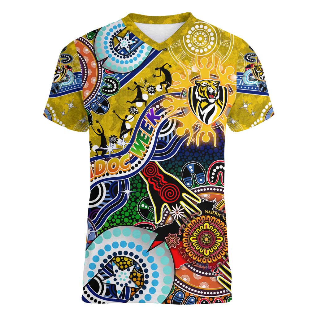 Custom NAIDOC Week 2024 Richmond Tiger Women V-Neck T-Shirt Australia Aboriginal Dot Painting