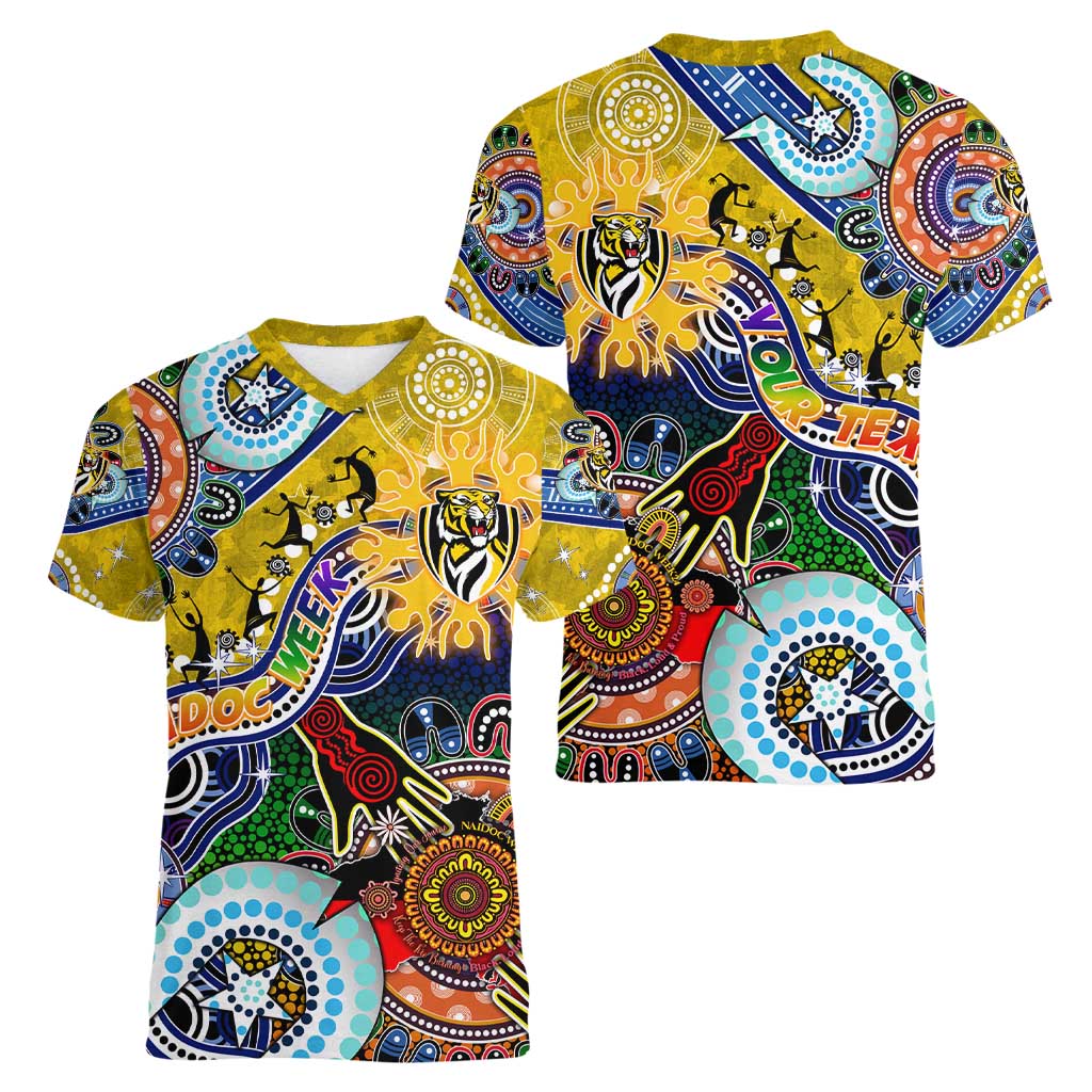 Custom NAIDOC Week 2024 Richmond Tiger Women V-Neck T-Shirt Australia Aboriginal Dot Painting