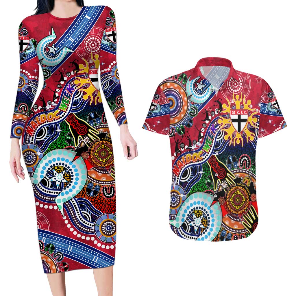 Custom NAIDOC Week 2024 St Kilda Saints Couples Matching Long Sleeve Bodycon Dress and Hawaiian Shirt Australia Aboriginal Dot Painting