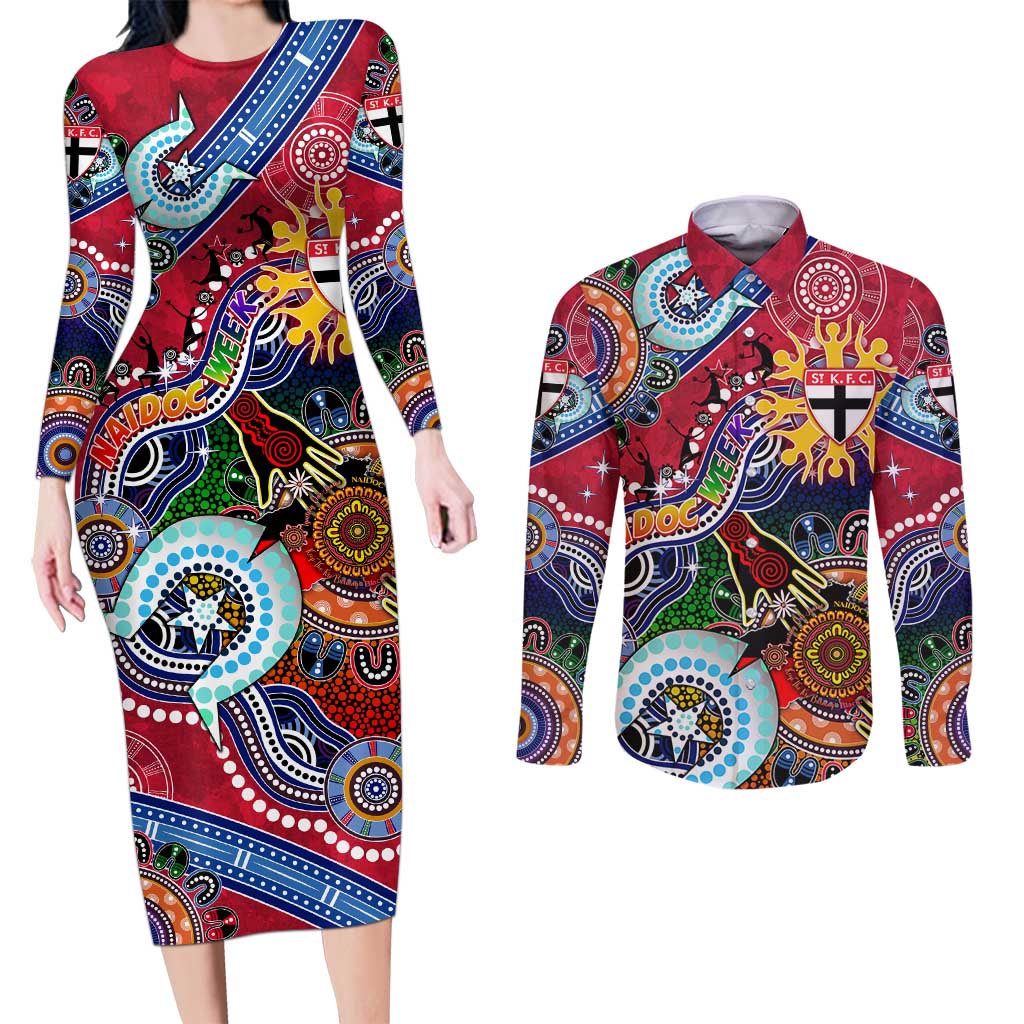 Custom NAIDOC Week 2024 St Kilda Saints Couples Matching Long Sleeve Bodycon Dress and Long Sleeve Button Shirt Australia Aboriginal Dot Painting