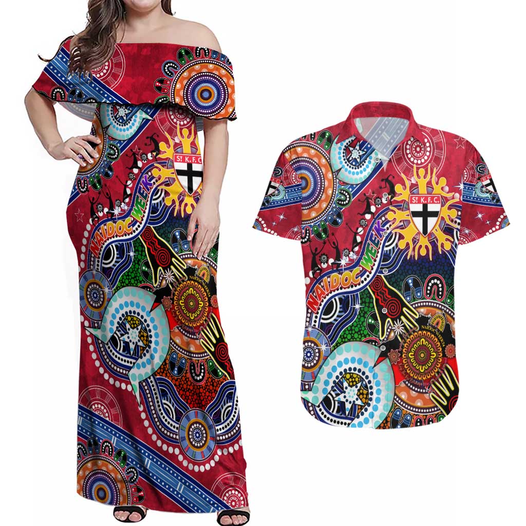 Custom NAIDOC Week 2024 St Kilda Saints Couples Matching Off Shoulder Maxi Dress and Hawaiian Shirt Australia Aboriginal Dot Painting