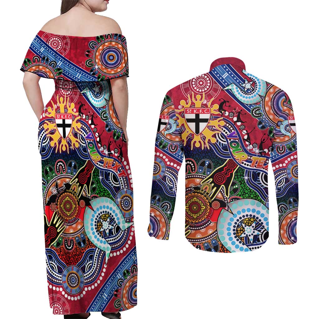 Custom NAIDOC Week 2024 St Kilda Saints Couples Matching Off Shoulder Maxi Dress and Long Sleeve Button Shirt Australia Aboriginal Dot Painting