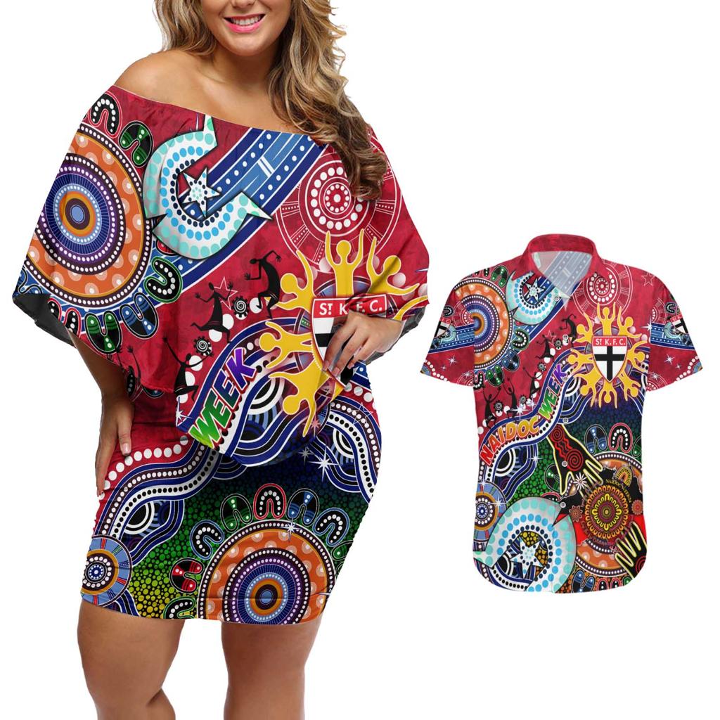 Custom NAIDOC Week 2024 St Kilda Saints Couples Matching Off Shoulder Short Dress and Hawaiian Shirt Australia Aboriginal Dot Painting