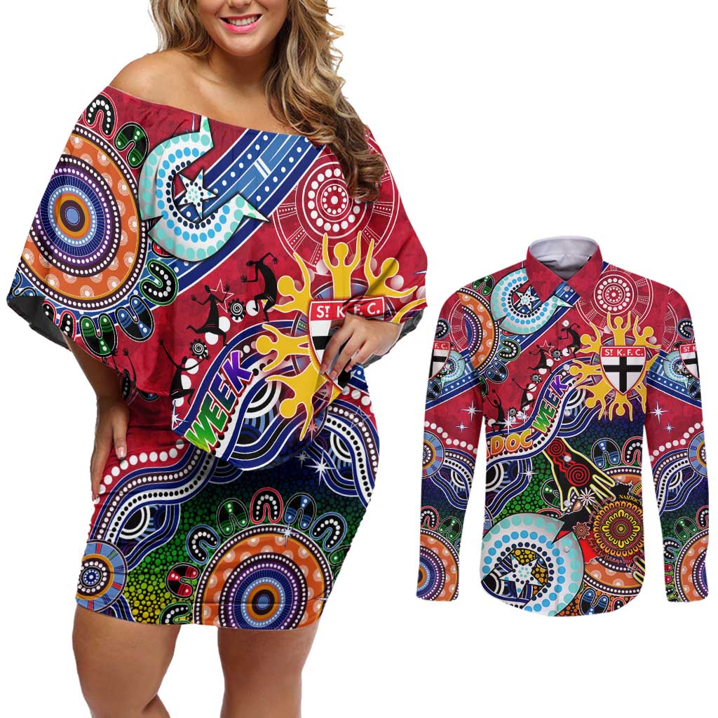 Custom NAIDOC Week 2024 St Kilda Saints Couples Matching Off Shoulder Short Dress and Long Sleeve Button Shirt Australia Aboriginal Dot Painting