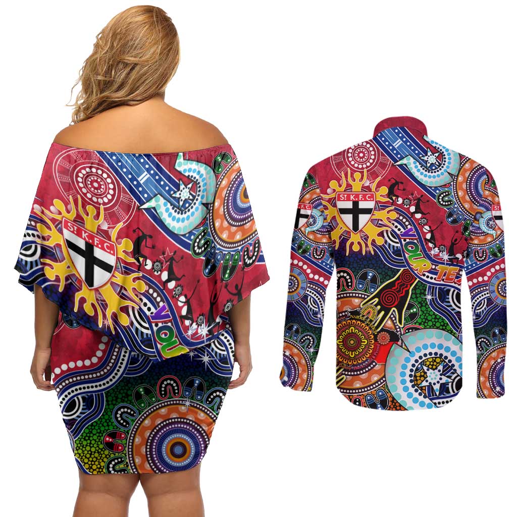 Custom NAIDOC Week 2024 St Kilda Saints Couples Matching Off Shoulder Short Dress and Long Sleeve Button Shirt Australia Aboriginal Dot Painting