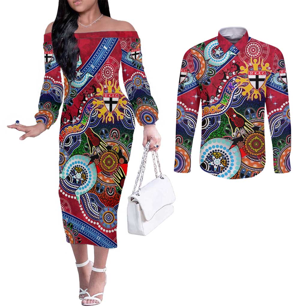 Custom NAIDOC Week 2024 St Kilda Saints Couples Matching Off The Shoulder Long Sleeve Dress and Long Sleeve Button Shirt Australia Aboriginal Dot Painting