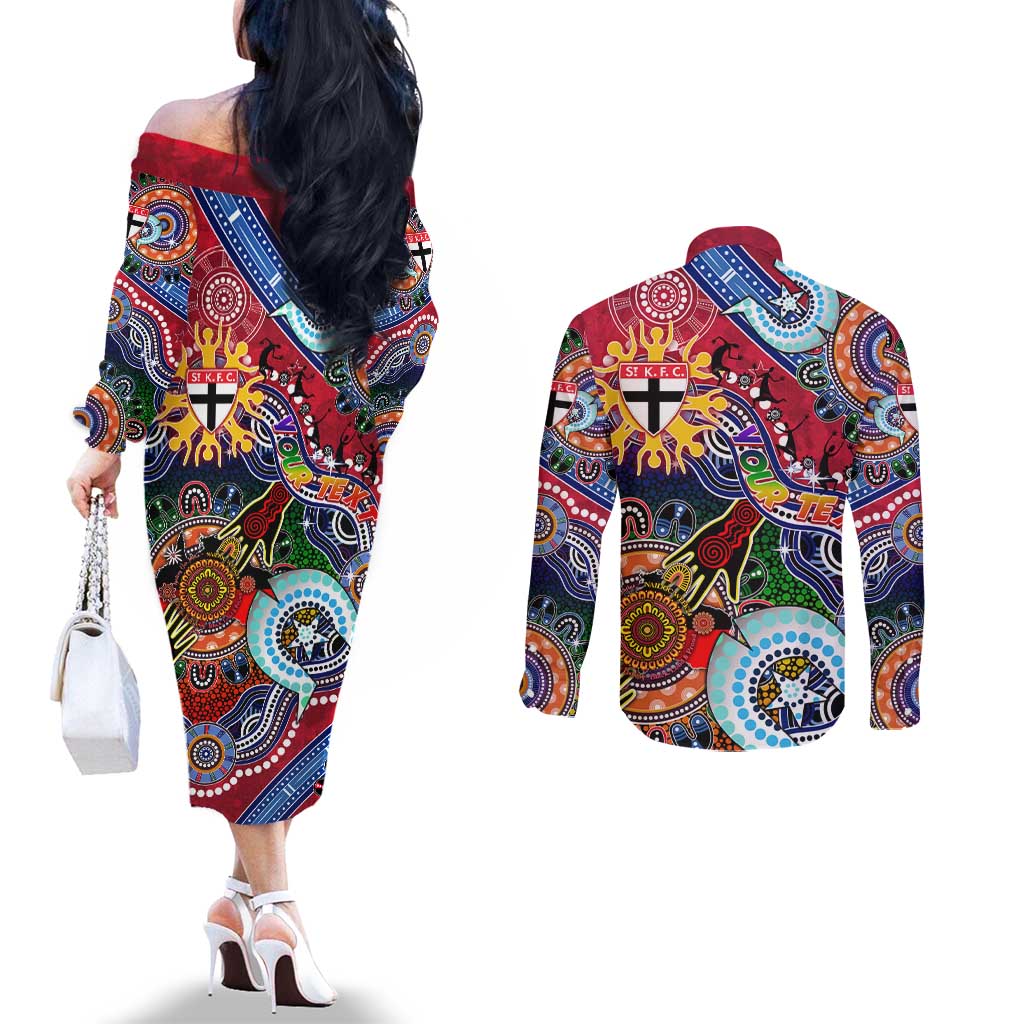 Custom NAIDOC Week 2024 St Kilda Saints Couples Matching Off The Shoulder Long Sleeve Dress and Long Sleeve Button Shirt Australia Aboriginal Dot Painting