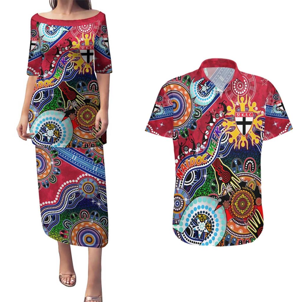Custom NAIDOC Week 2024 St Kilda Saints Couples Matching Puletasi and Hawaiian Shirt Australia Aboriginal Dot Painting