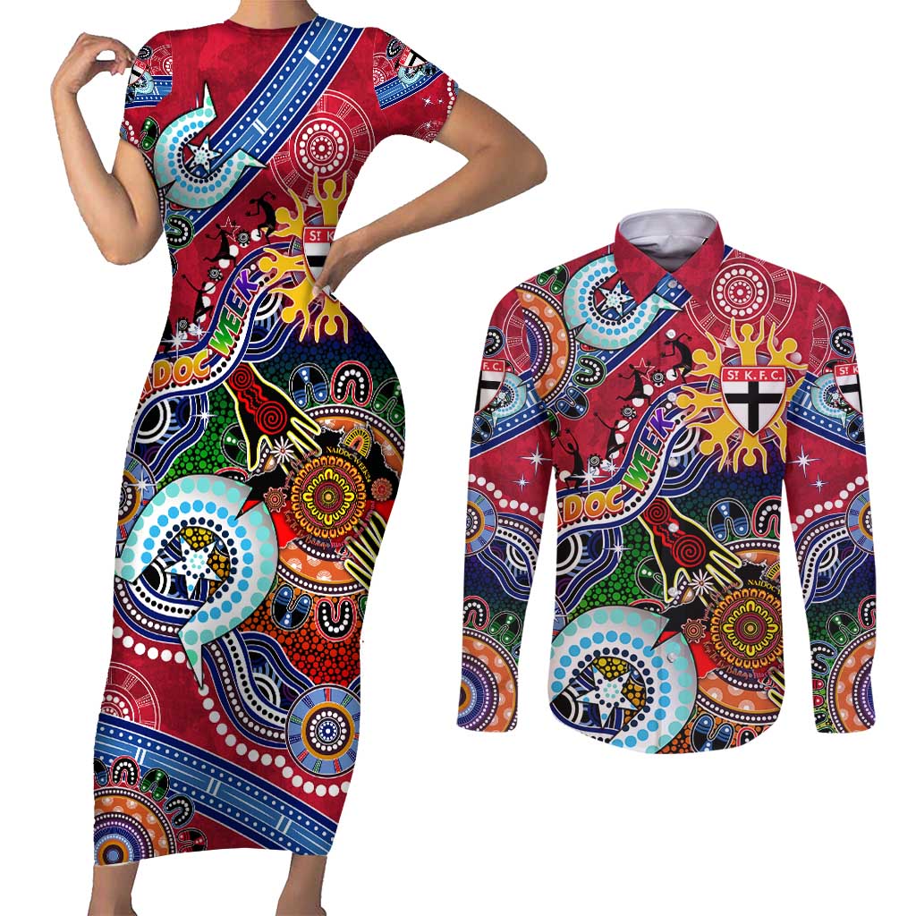 Custom NAIDOC Week 2024 St Kilda Saints Couples Matching Short Sleeve Bodycon Dress and Long Sleeve Button Shirt Australia Aboriginal Dot Painting