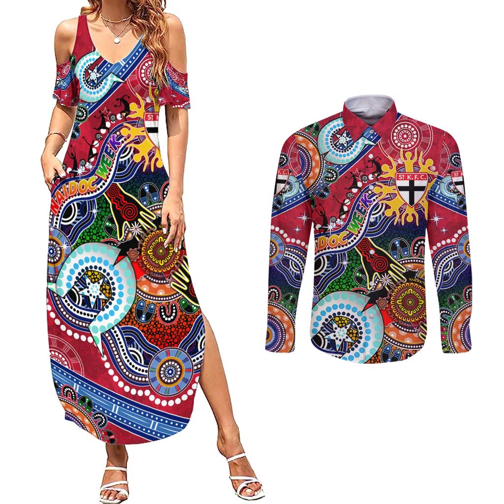 Custom NAIDOC Week 2024 St Kilda Saints Couples Matching Summer Maxi Dress and Long Sleeve Button Shirt Australia Aboriginal Dot Painting