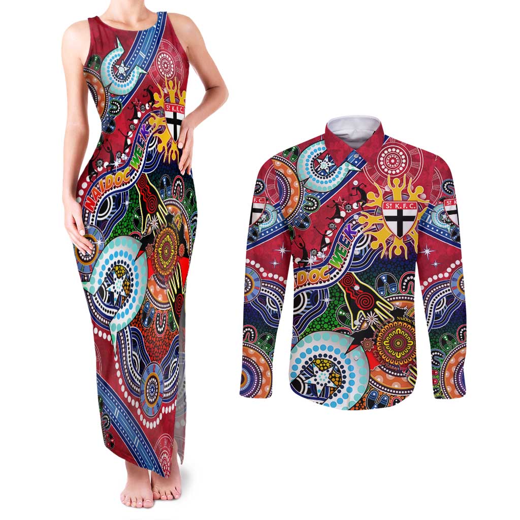 Custom NAIDOC Week 2024 St Kilda Saints Couples Matching Tank Maxi Dress and Long Sleeve Button Shirt Australia Aboriginal Dot Painting