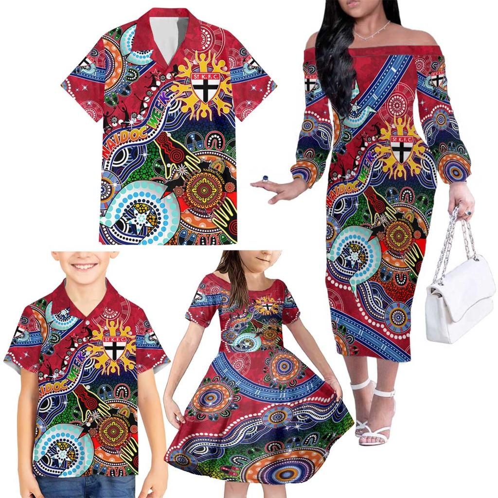 Custom NAIDOC Week 2024 St Kilda Saints Family Matching Off The Shoulder Long Sleeve Dress and Hawaiian Shirt Australia Aboriginal Dot Painting