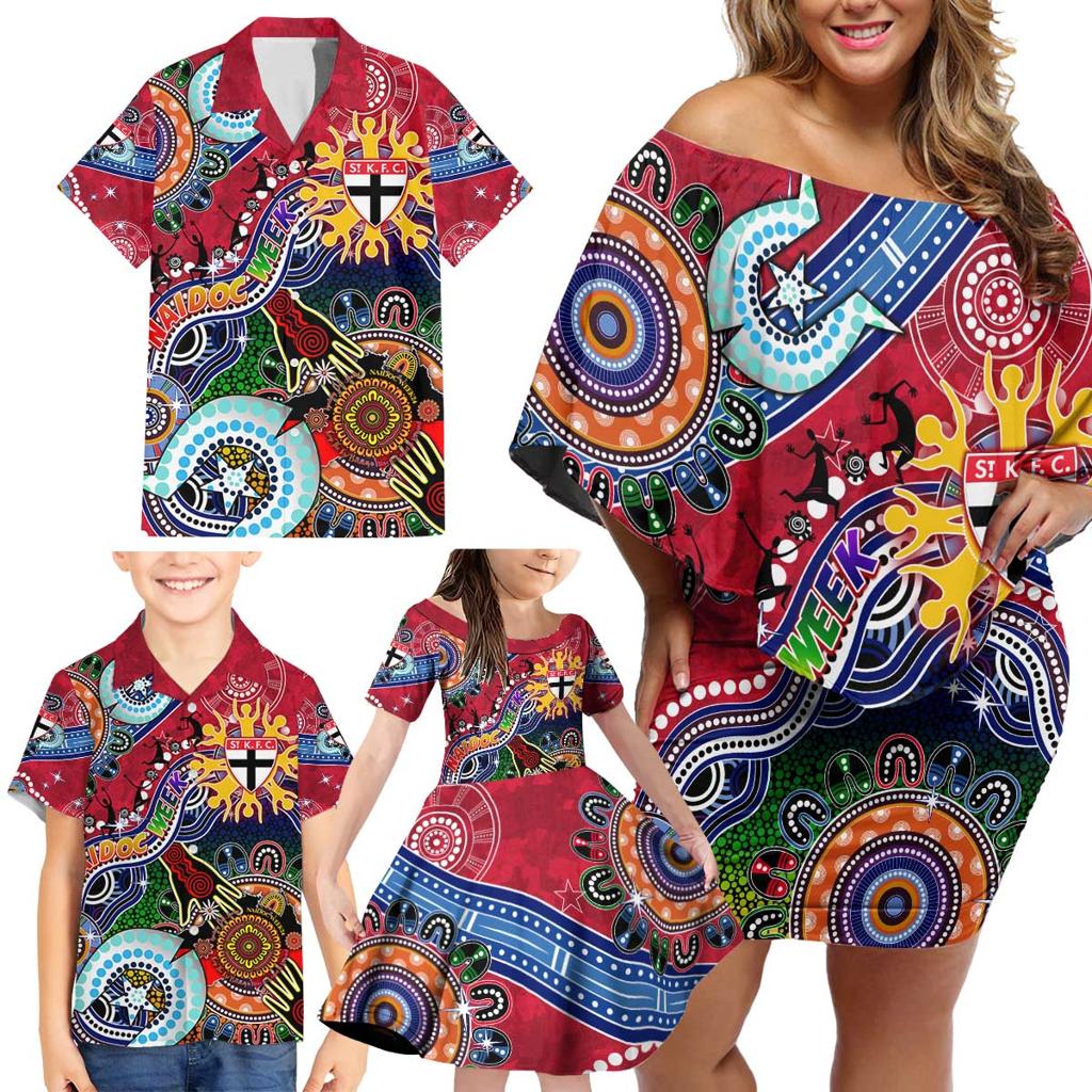 Custom NAIDOC Week 2024 St Kilda Saints Family Matching Off Shoulder Short Dress and Hawaiian Shirt Australia Aboriginal Dot Painting