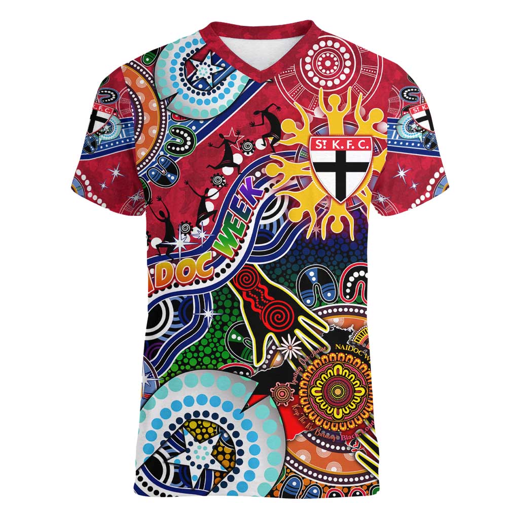 Custom NAIDOC Week 2024 St Kilda Saints Women V-Neck T-Shirt Australia Aboriginal Dot Painting