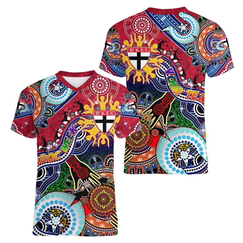 Custom NAIDOC Week 2024 St Kilda Saints Women V-Neck T-Shirt Australia Aboriginal Dot Painting