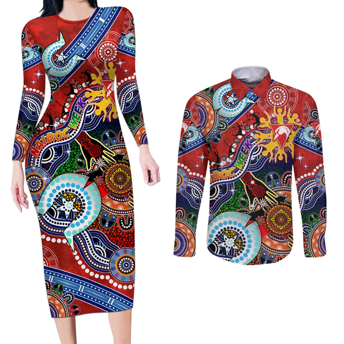 Custom NAIDOC Week 2024 Sydney Swans Couples Matching Long Sleeve Bodycon Dress and Long Sleeve Button Shirt Australia Aboriginal Dot Painting