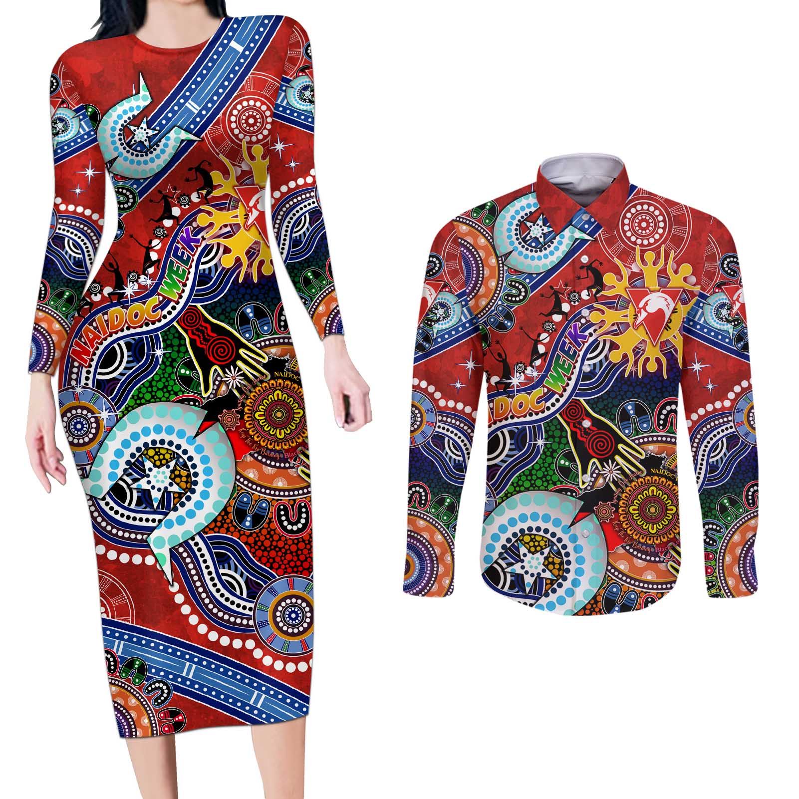 Custom NAIDOC Week 2024 Sydney Swans Couples Matching Long Sleeve Bodycon Dress and Long Sleeve Button Shirt Australia Aboriginal Dot Painting