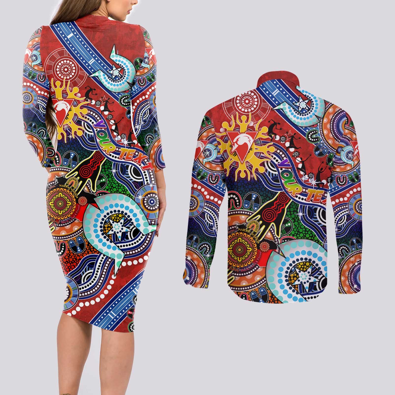 Custom NAIDOC Week 2024 Sydney Swans Couples Matching Long Sleeve Bodycon Dress and Long Sleeve Button Shirt Australia Aboriginal Dot Painting